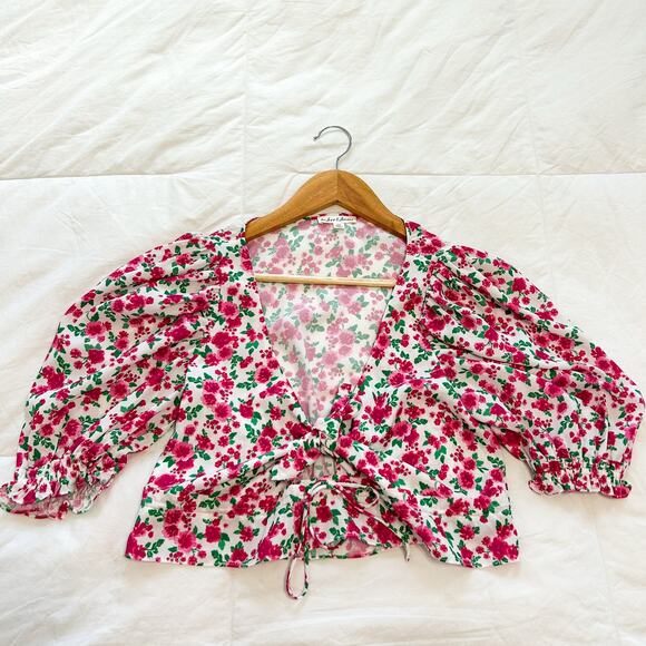 NWOT For Love & Lemons Petal Floral Puff Sleeve Tie Front Blouse Pink Green XS - Picture 4 of 8
